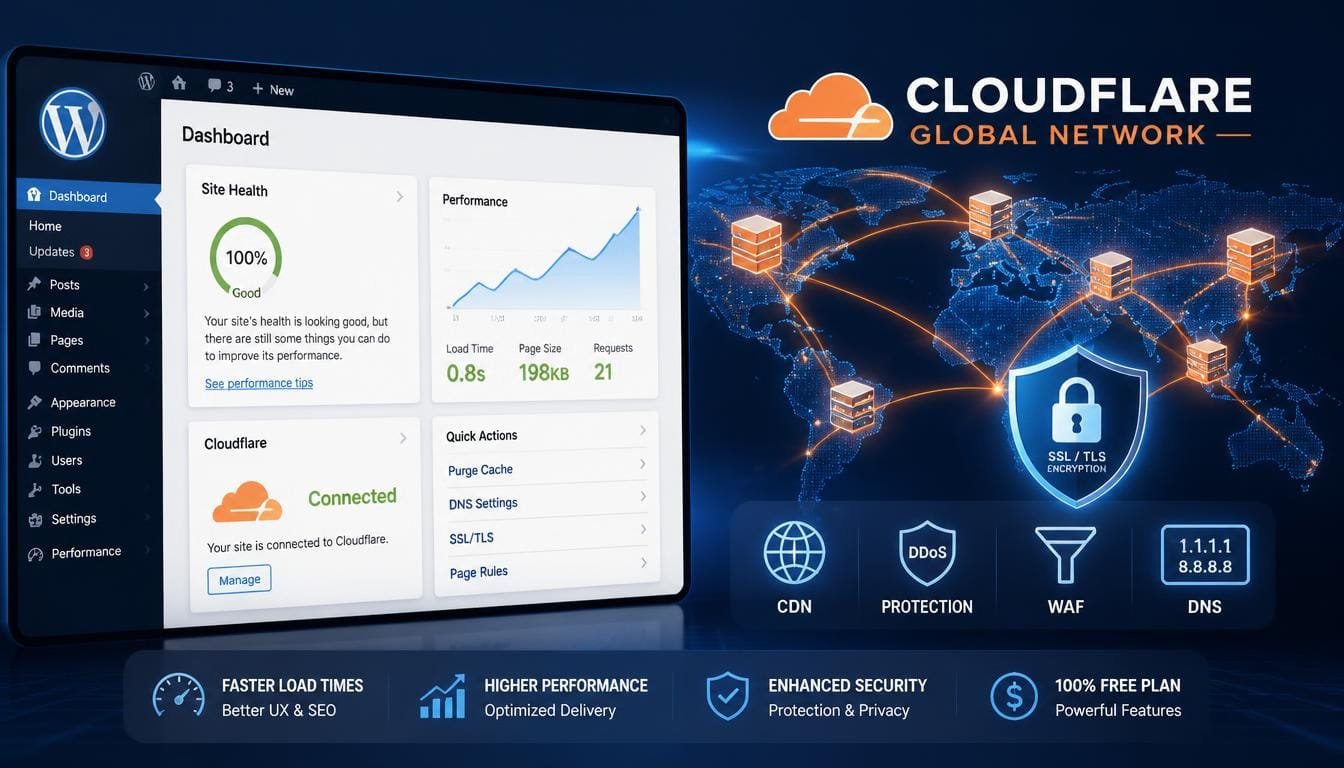 Cloudflare WordPress free setup guide for speed, SSL, DNS, CDN, and security