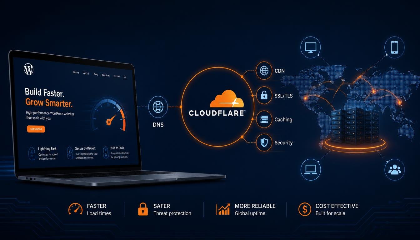 Cloudflare for WordPress setup showing DNS, CDN, SSL, caching, and security